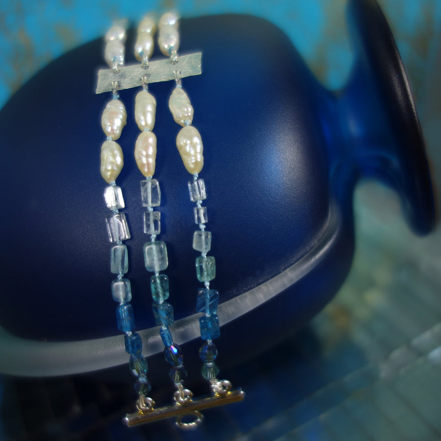 Aphrodite's Sea (pearl, aquamarine, and apatite) multi strand bracelet