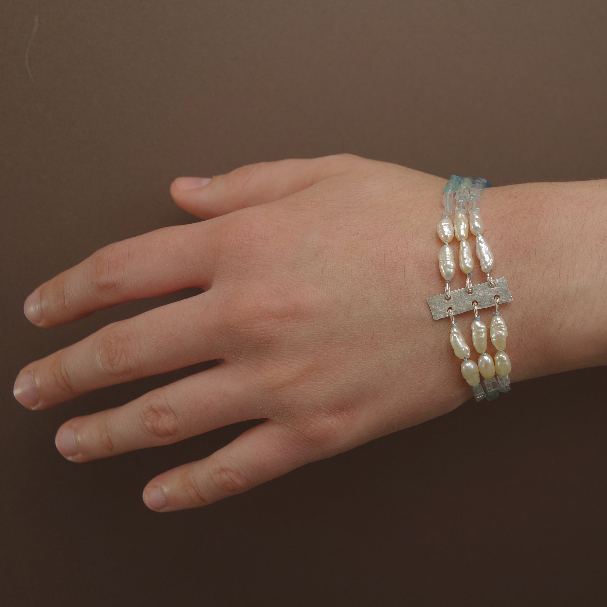 Aphrodite's Sea (pearl, aquamarine, and apatite) multi strand bracelet