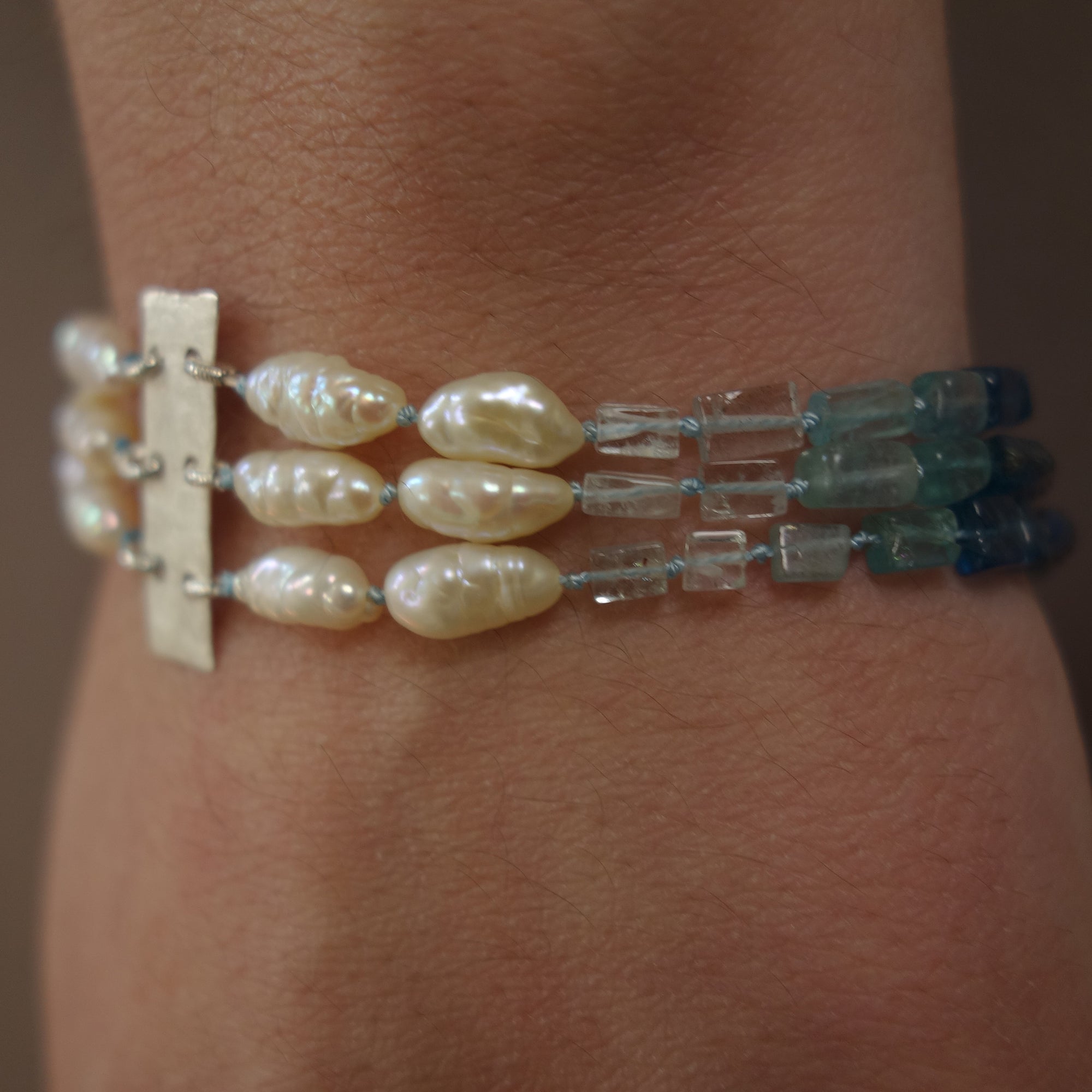 Aphrodite's Sea (pearl, aquamarine, and apatite) multi strand bracelet