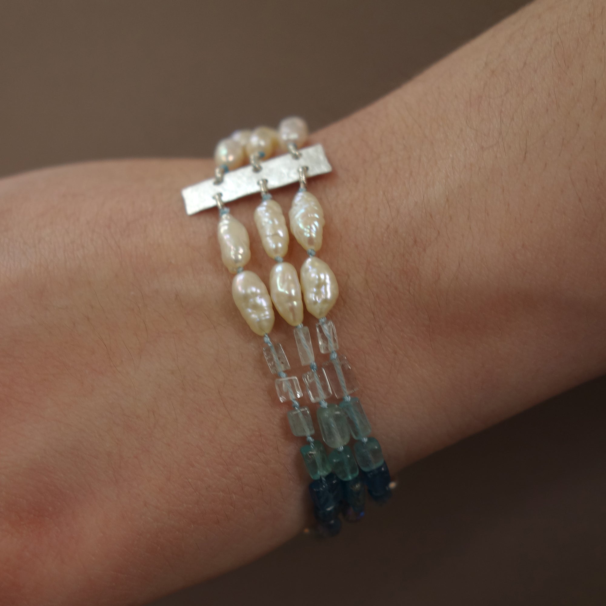 Aphrodite's Sea (pearl, aquamarine, and apatite) multi strand bracelet
