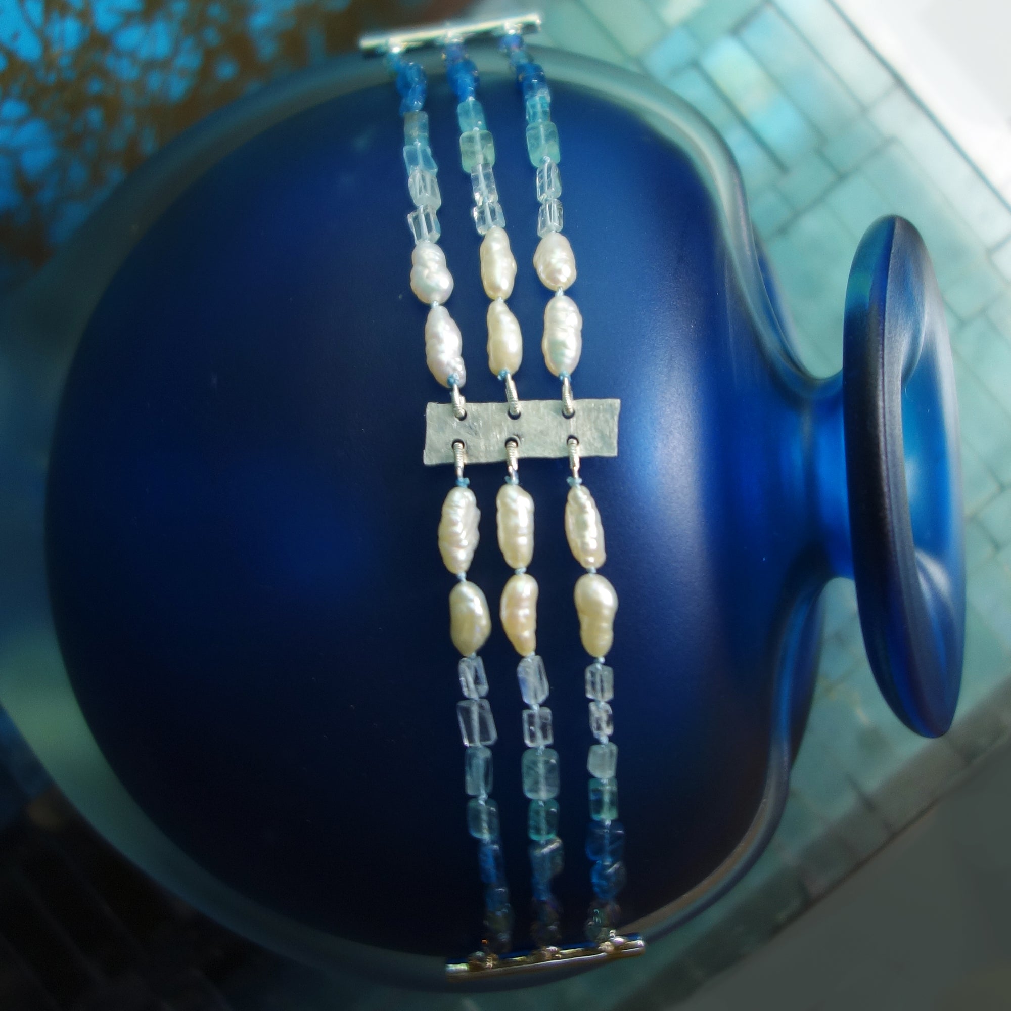 Aphrodite's Sea (pearl, aquamarine, and apatite) multi strand bracelet