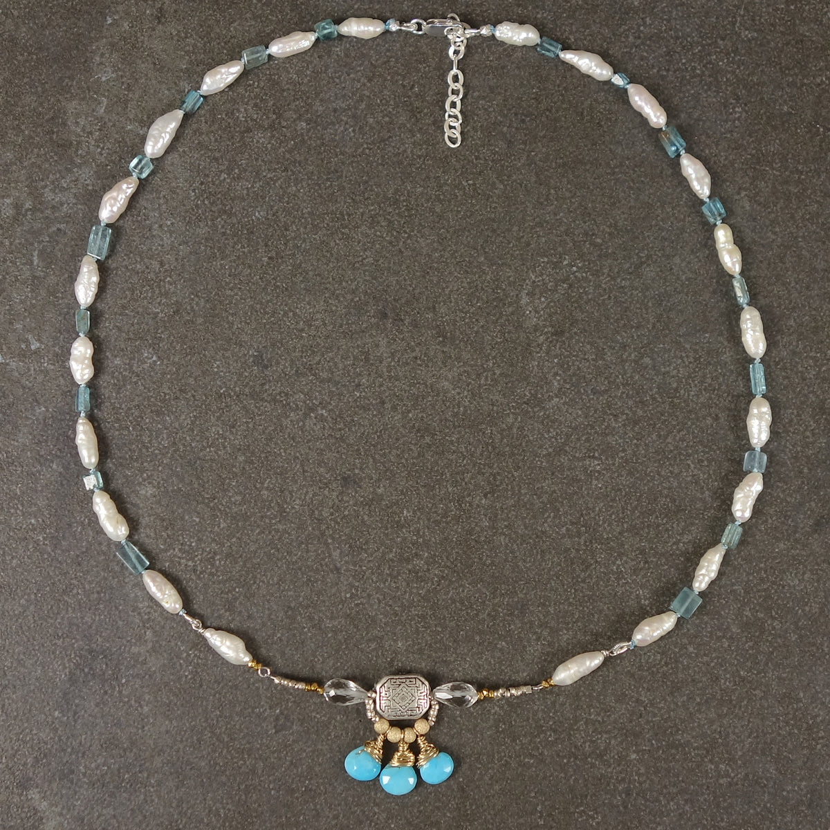 Love Goddess Adorned: turquoise, pearl, and apatite necklace