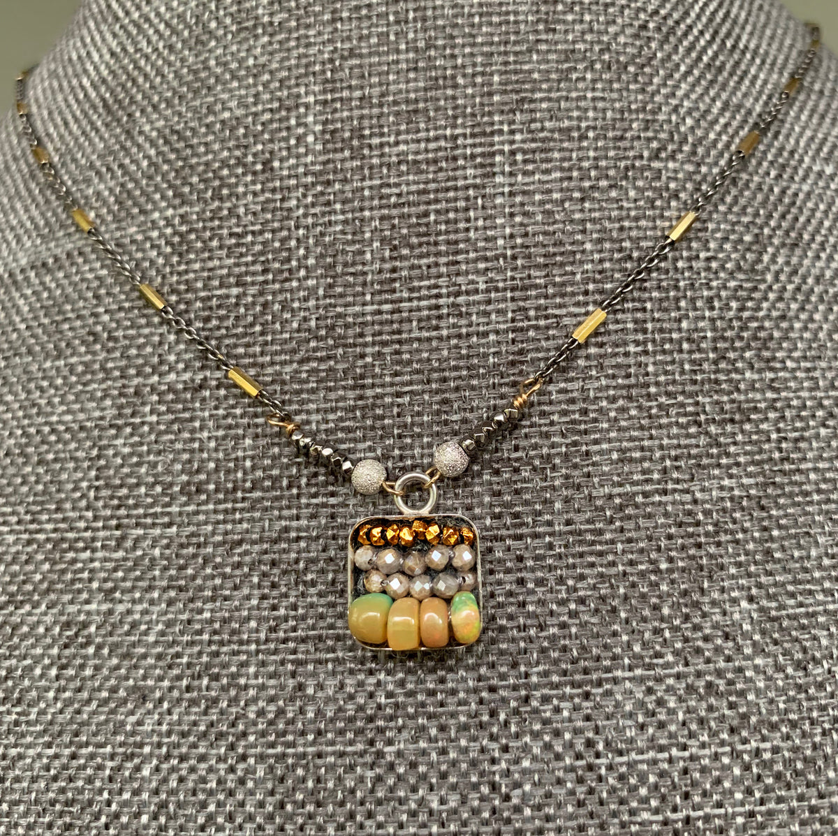 Opal, Labradorite, and Gold mosaic necklace