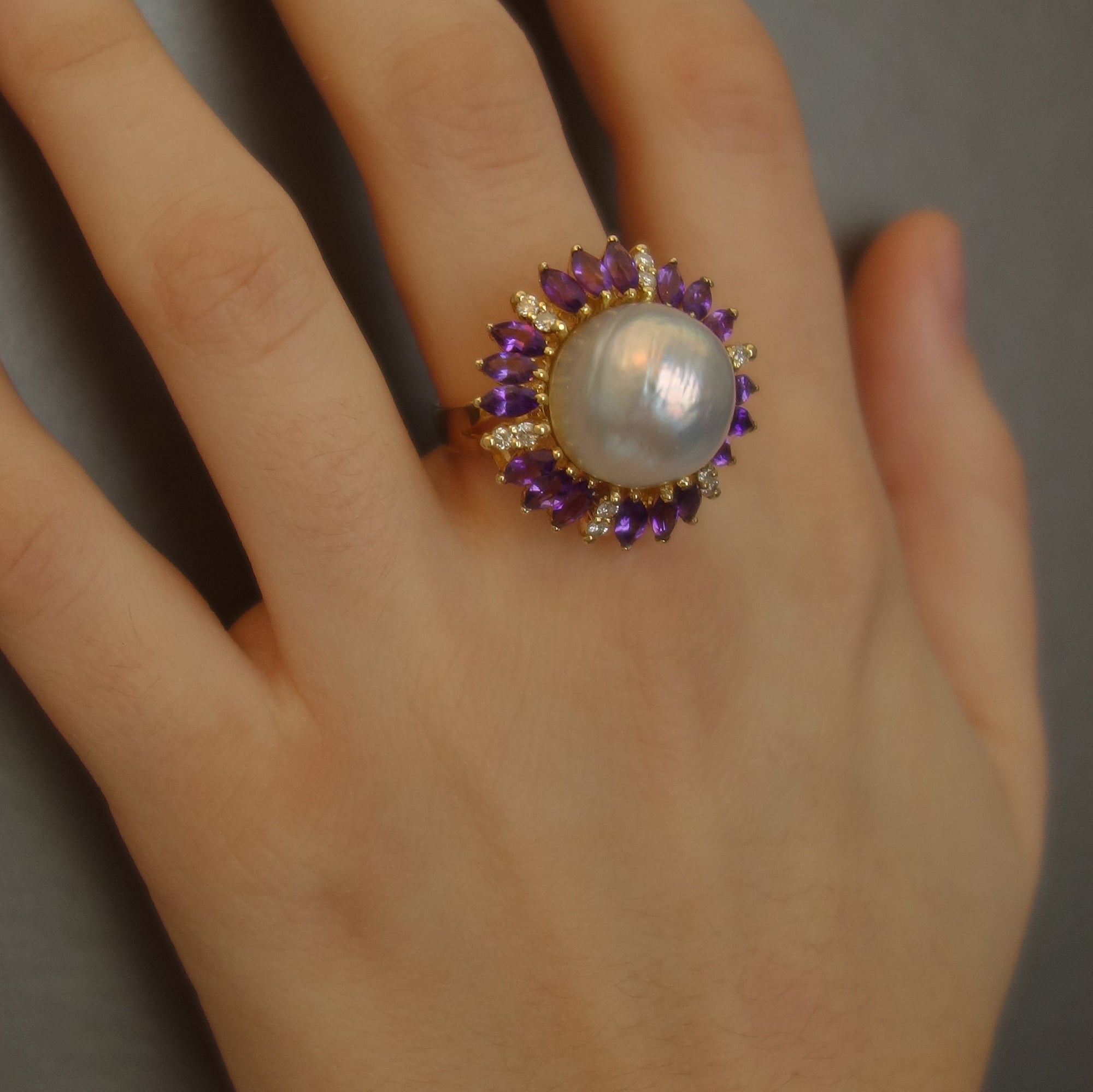Luscious: pearl, diamond, amethyst and gold ring
