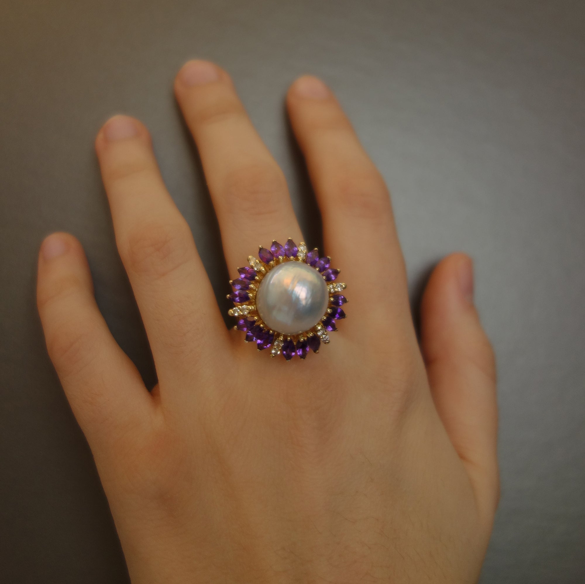 Luscious: pearl, diamond, amethyst and gold ring