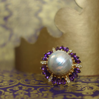 Luscious: pearl, diamond, amethyst and gold ring