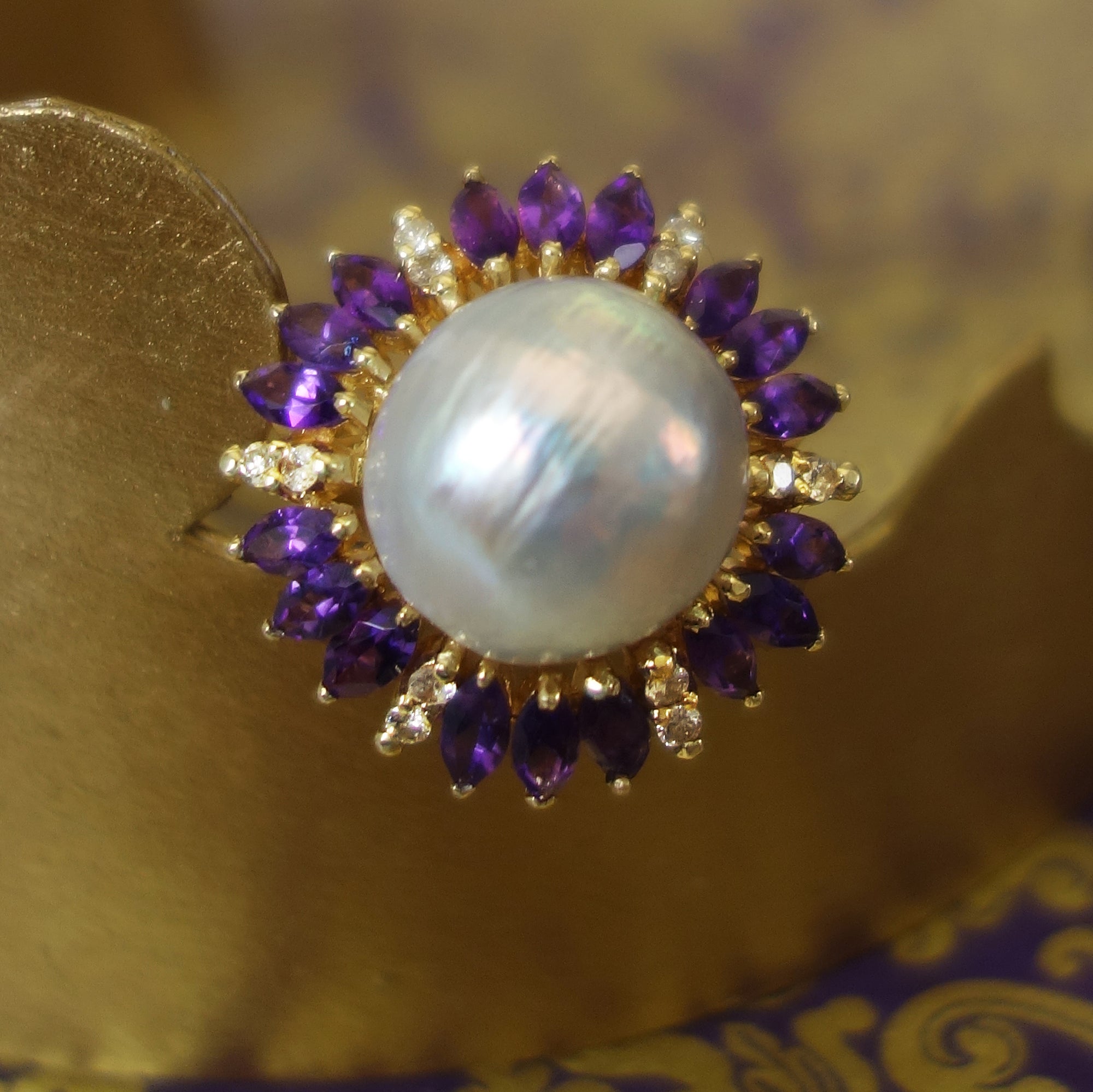 Luscious: pearl, diamond, amethyst and gold ring