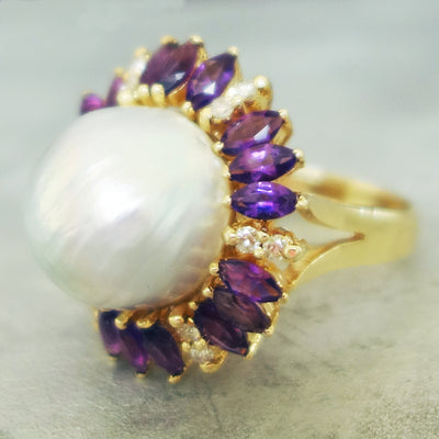 Luscious: pearl, diamond, amethyst and gold ring