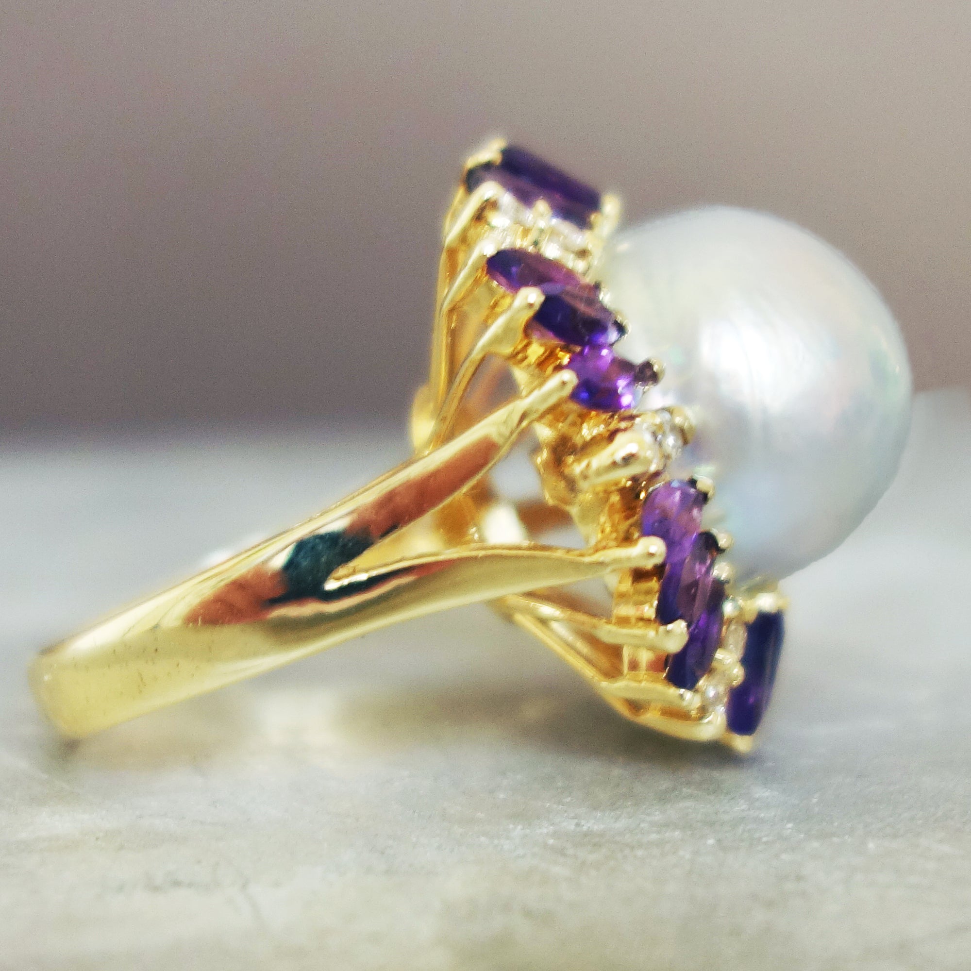 Luscious: pearl, diamond, amethyst and gold ring