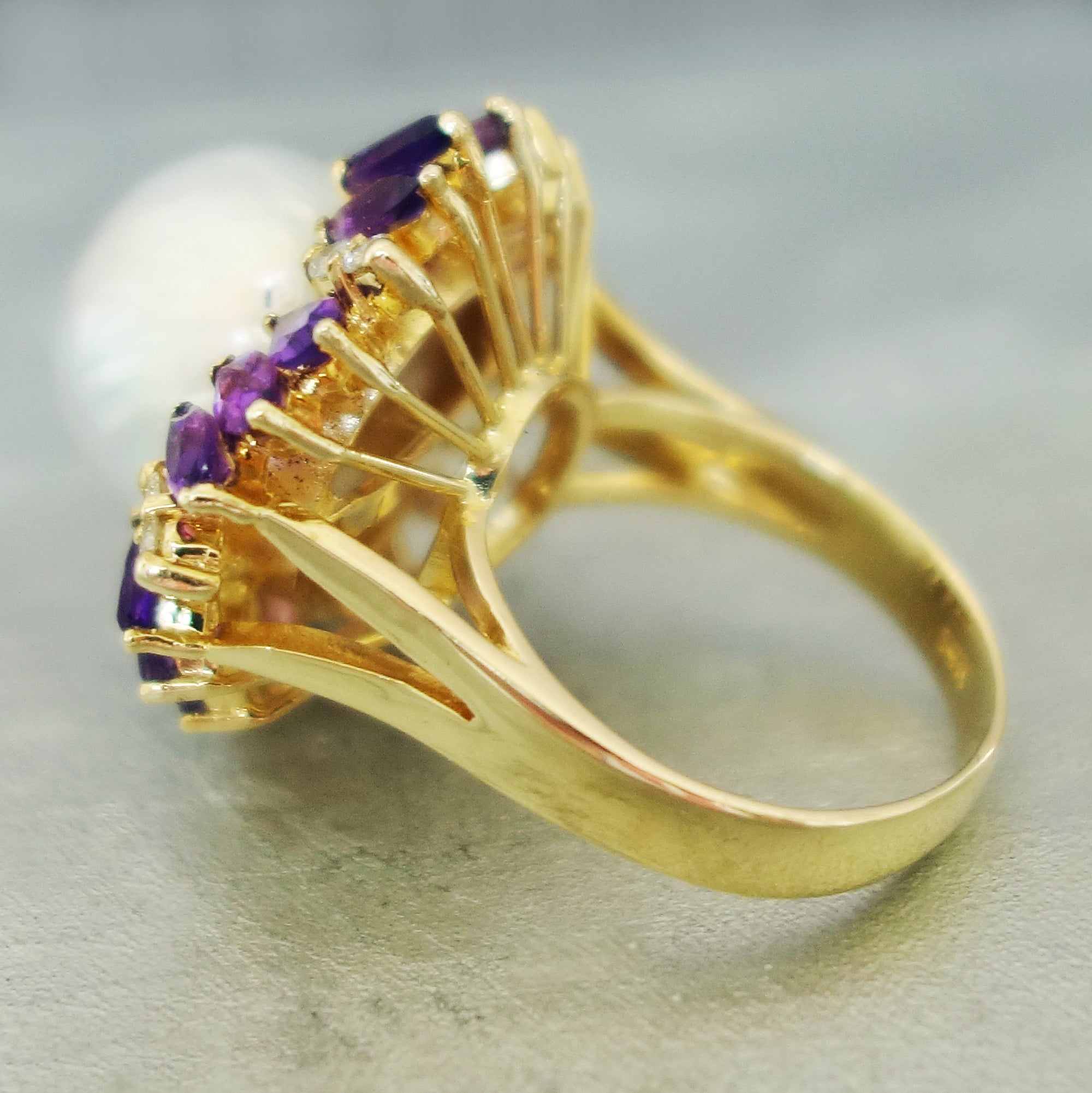 Luscious: pearl, diamond, amethyst and gold ring