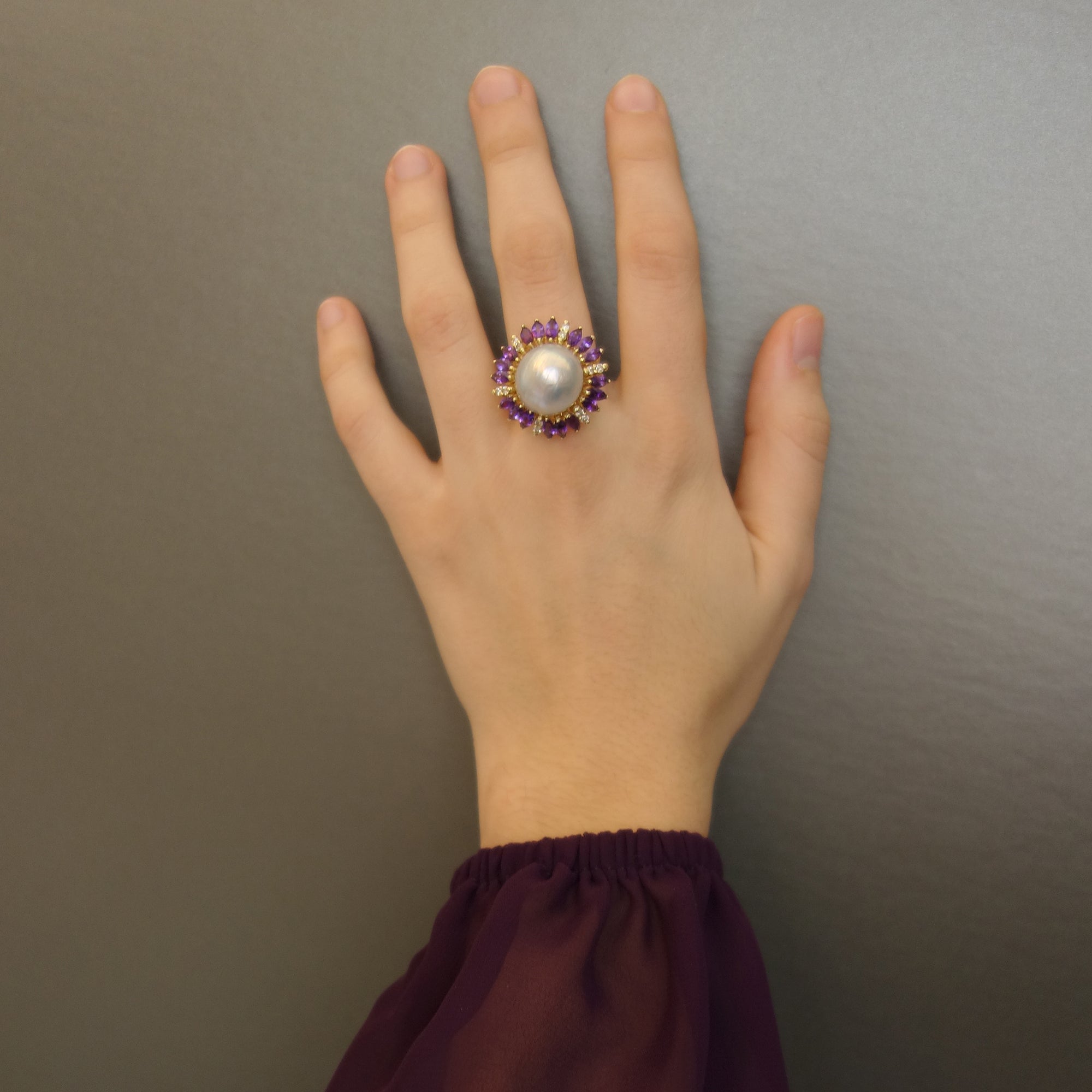 Luscious: pearl, diamond, amethyst and gold ring