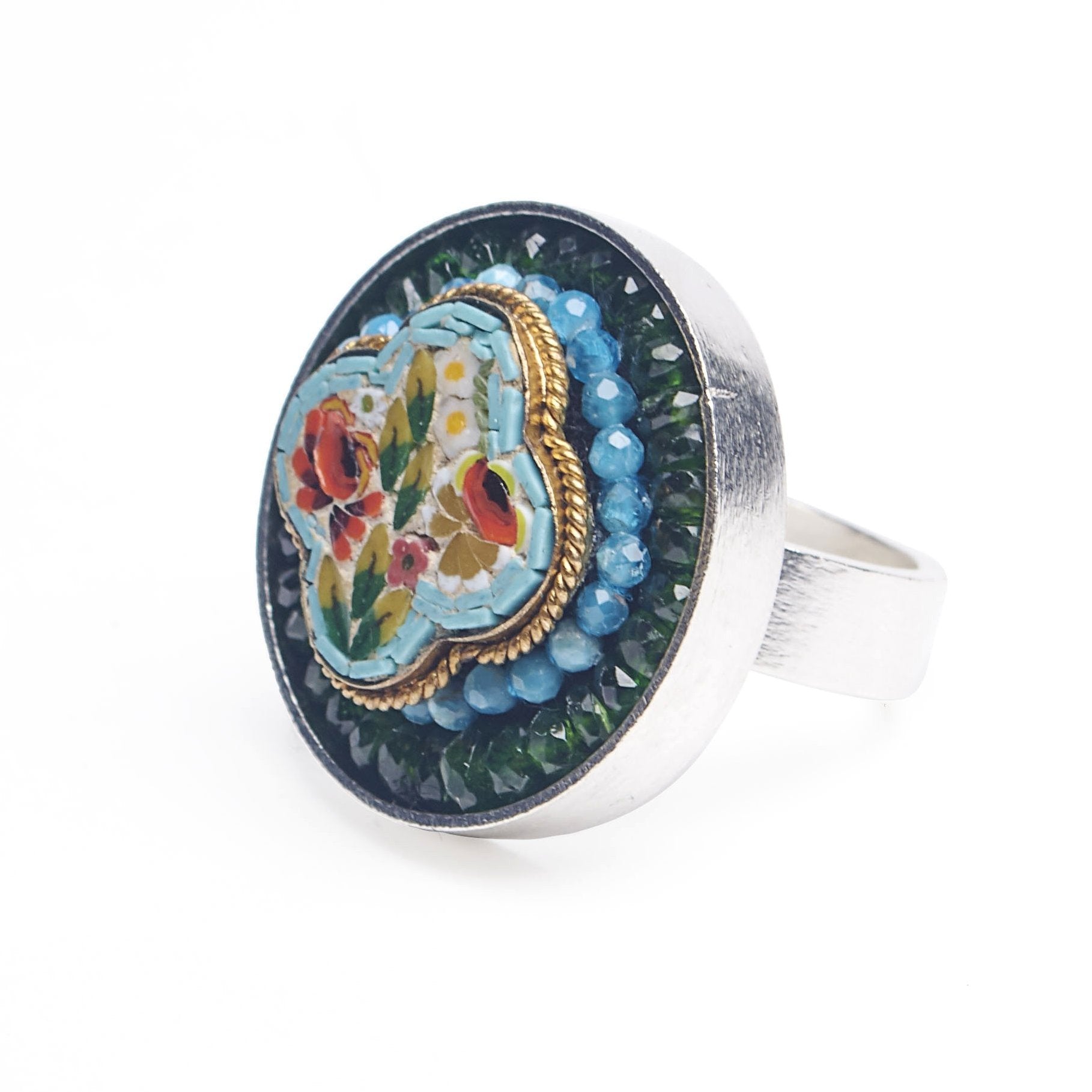 Wanderlust micro mosaic with faceted apetite and chrome diopside (Ravenna)