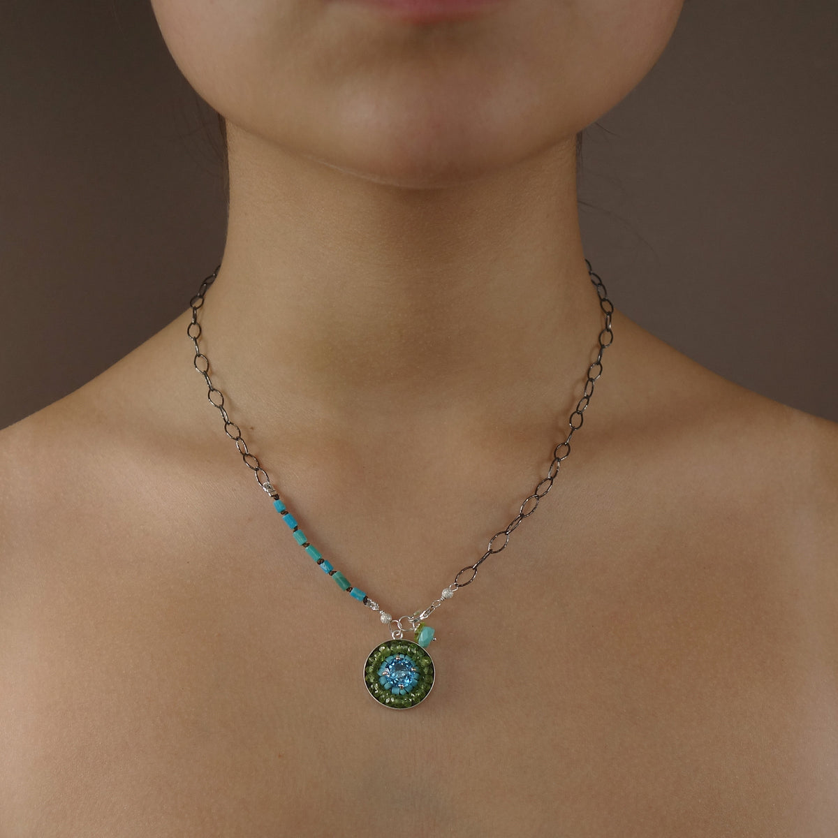 Inner Peace: topaz, peridot, and turquoise mosaic necklace