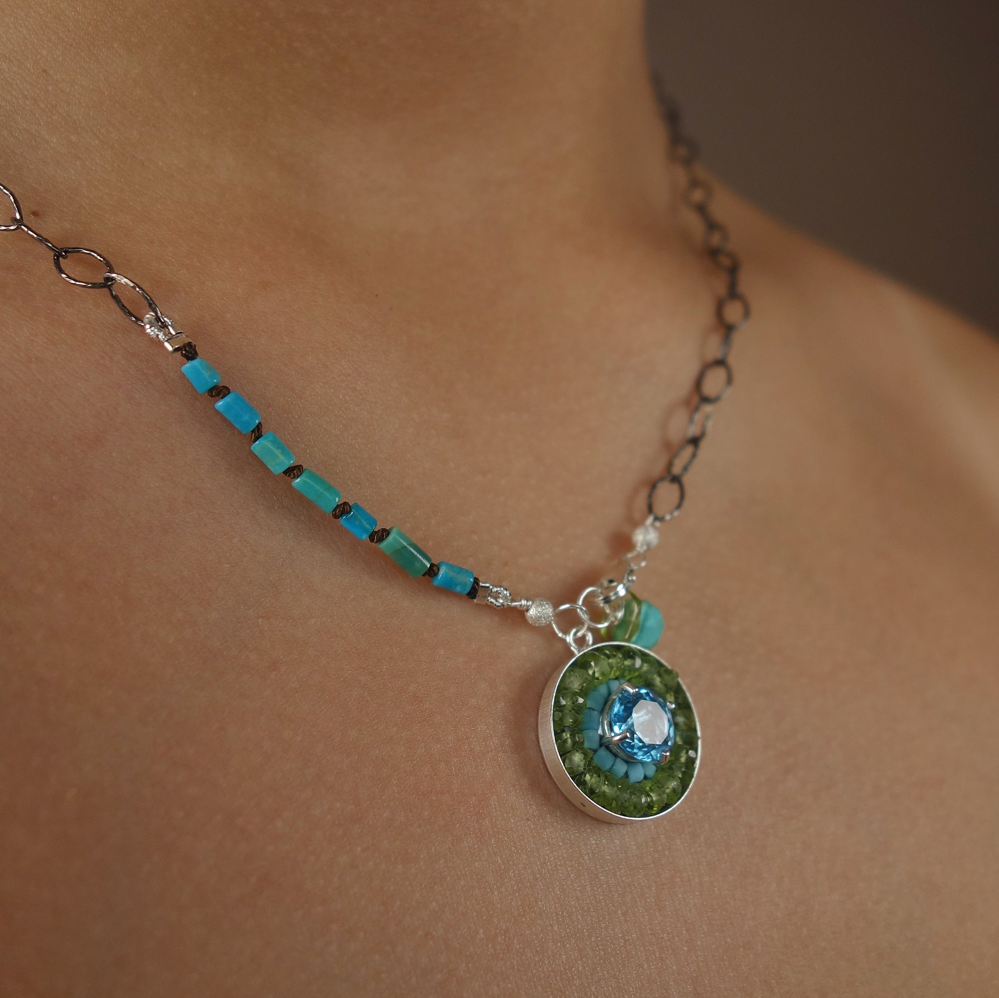 Inner Peace: topaz, peridot, and turquoise mosaic necklace