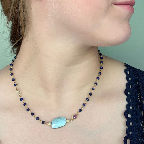Gold, Silverite, and Blue Sapphire necklace