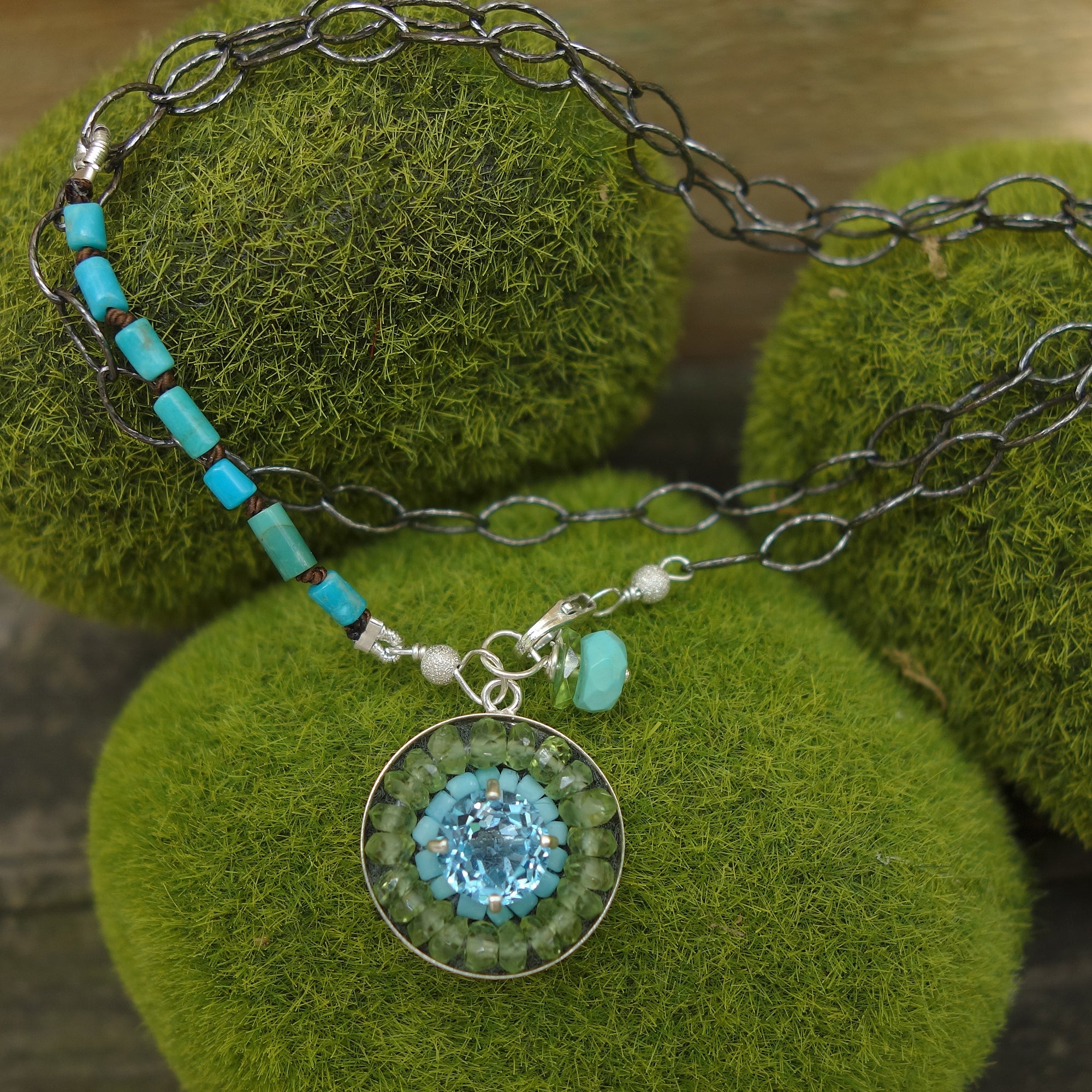 Inner Peace: topaz, peridot, and turquoise mosaic necklace