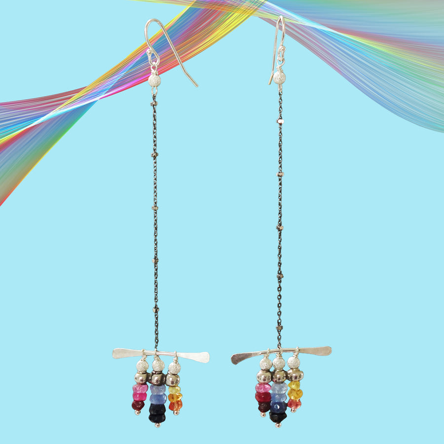 Rainbow sapphire and hammered silver earrings