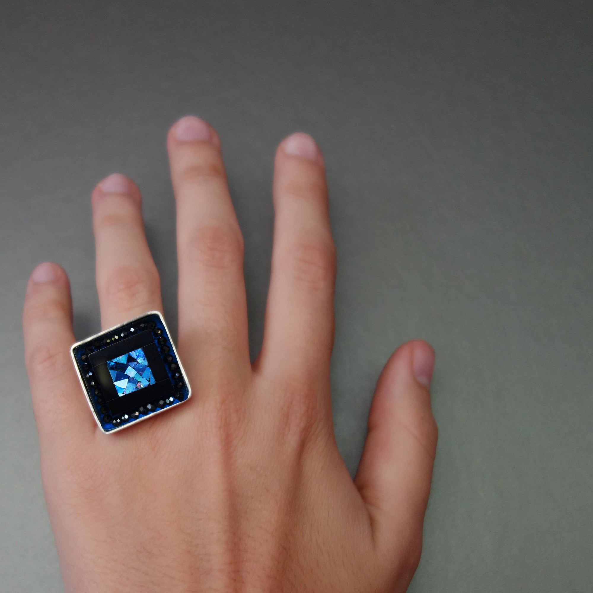 Starry Starry Night (opal, onyx, and black sapphire mosaic ring)