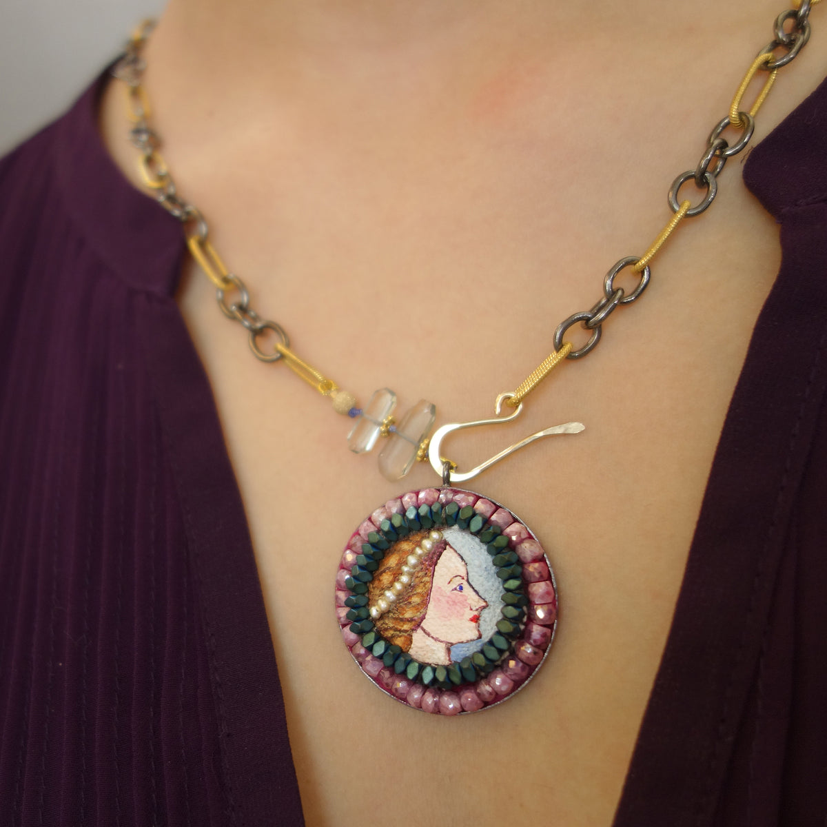 Martha, My Dear: hand painted pearls, pink sapphire necklace