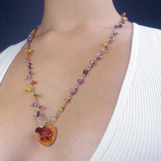 Fire Dancer: Ruby, Diamond, and Sapphire mosaic necklace