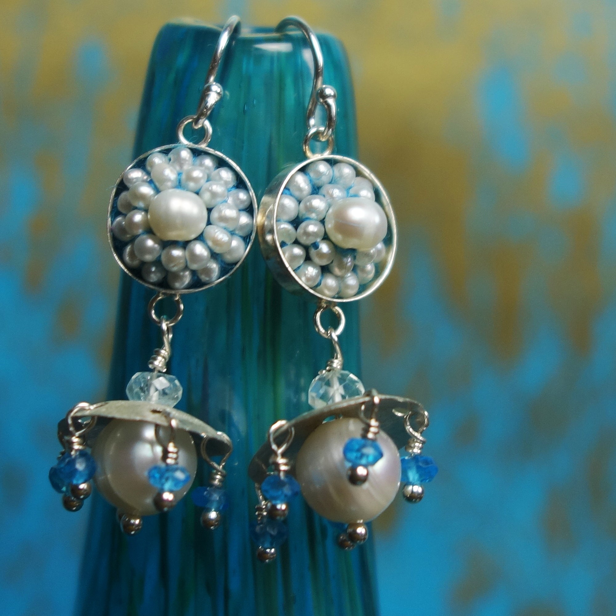 Ares's Gift: pearl, apatite, and aquamarine ear