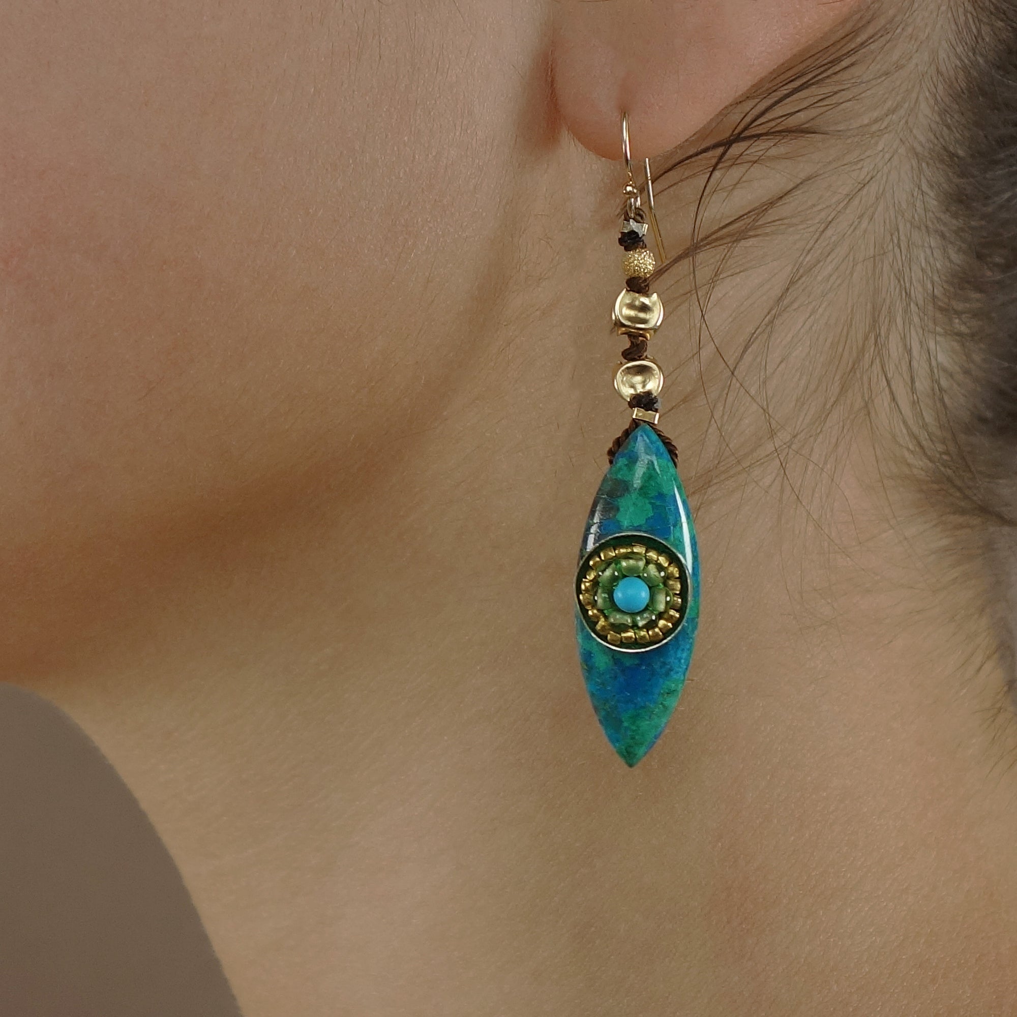 Give Peace a Chance earring: chrysocolla, peridot, turquoise and gold