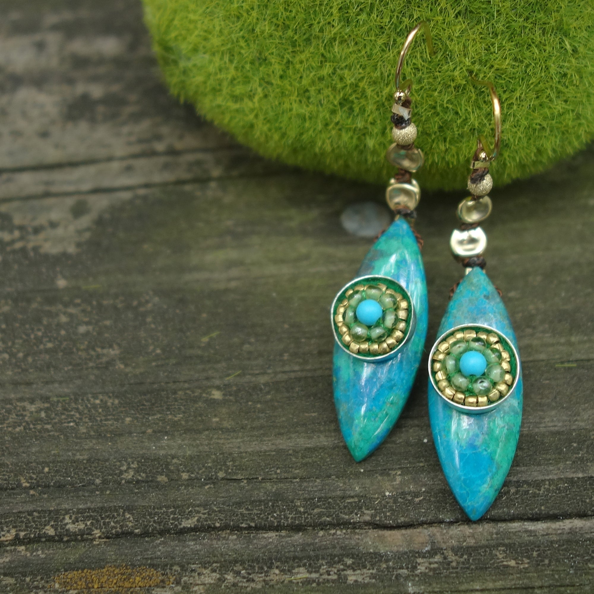 Give Peace a Chance earring: chrysocolla, peridot, turquoise and gold
