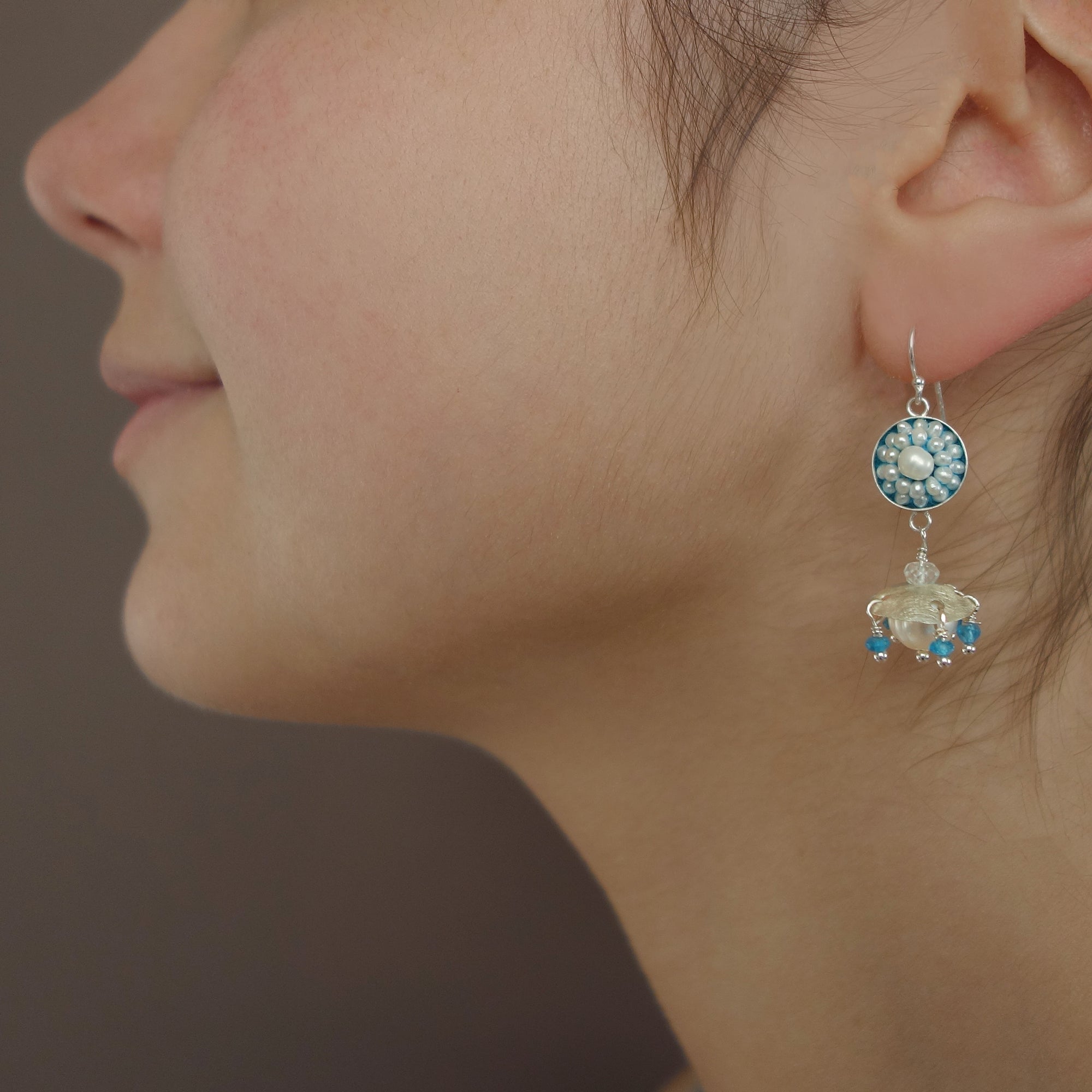 Ares's Gift: pearl, apatite, and aquamarine ear