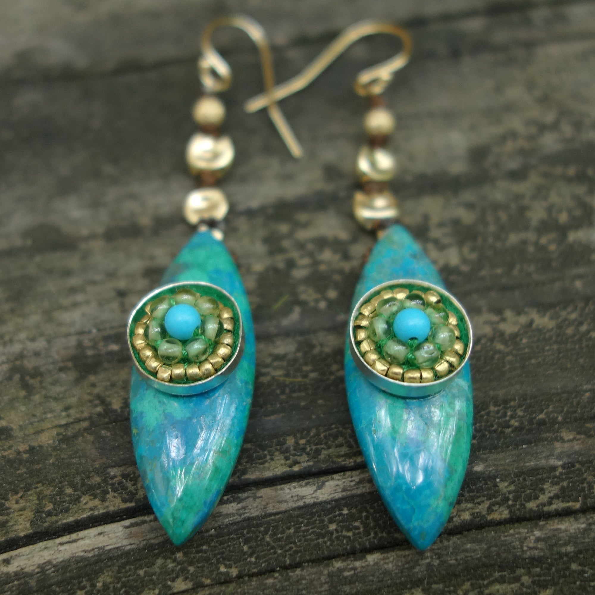 Give Peace a Chance earring: chrysocolla, peridot, turquoise and gold