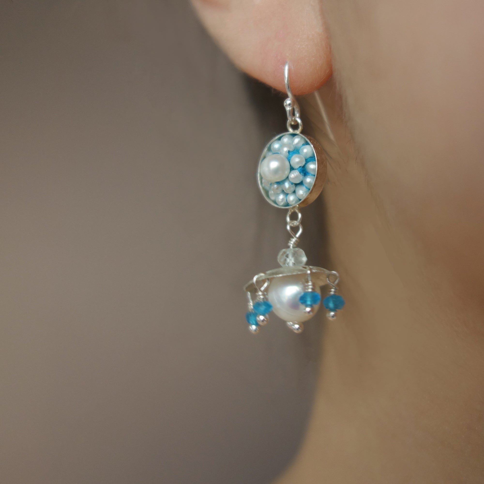 Ares's Gift: pearl, apatite, and aquamarine ear