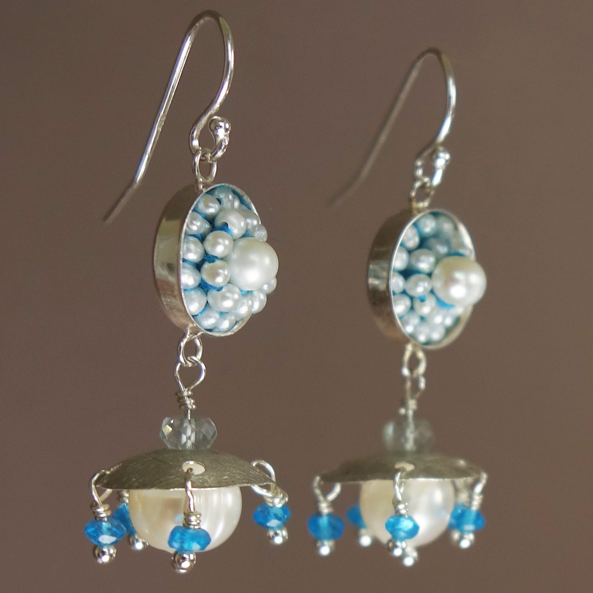 Ares's Gift: pearl, apatite, and aquamarine ear