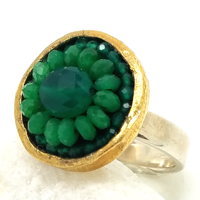 Iconic Green Onyx and Emerald Mosaic Ring, 17mm