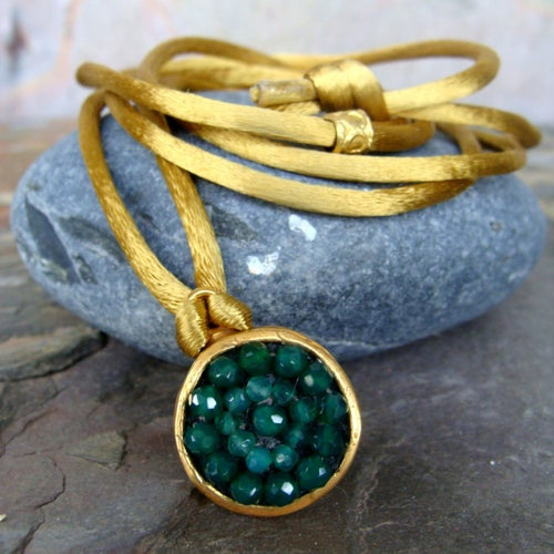 Iconic Green Onyx, Faceted Emerald in 17mm Mosaic Bracelet and Necklace Wrap with Gold Silk, 42"