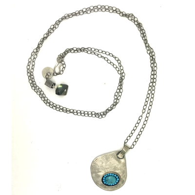Iconic Turquoise Oval Mosaic on Hand Hammered Silver Pendant with Oxidized Silver Chain Necklace, 36"
