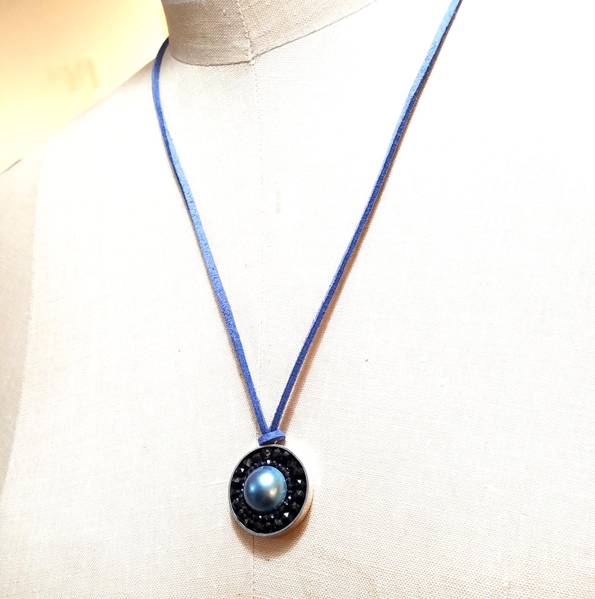 Iconic Mosaic Necklace of Peacock Mave Pearl Surrounded by Black Sapphire, 22mm, on Greek Leather, 42"