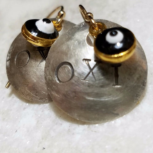 OXI Silver Charm Earrings, 14mm, with Gold Greek Mati