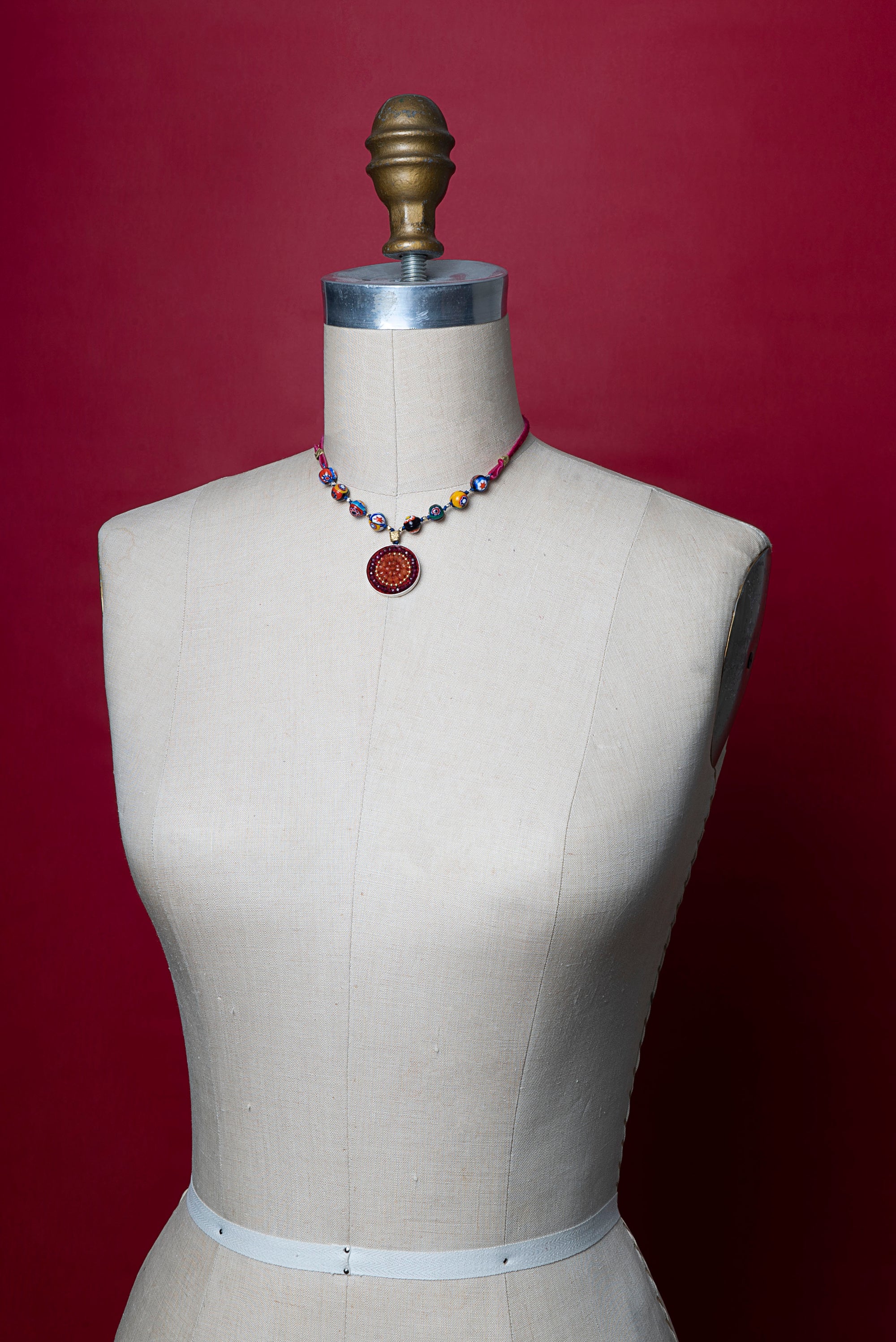 Wanderlust Murano Millefiori glass on leather with garnet and carnelian mosaic pendant (Murano)