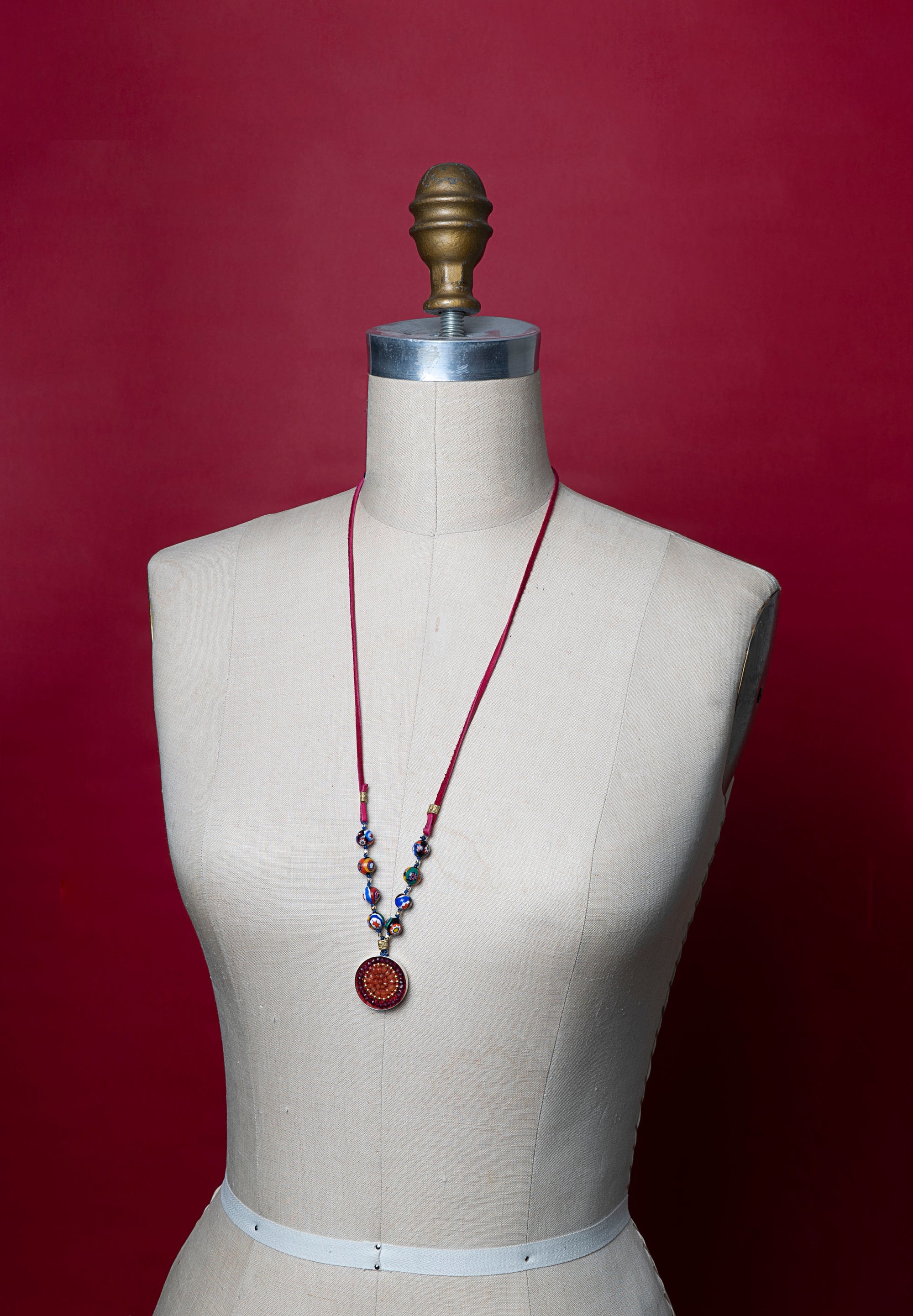 Wanderlust Murano Millefiori glass on leather with garnet and carnelian mosaic pendant (Murano)