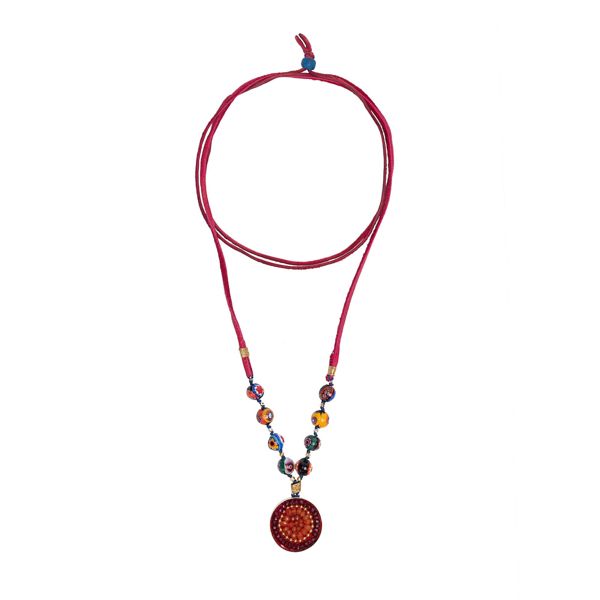 Wanderlust Murano Millefiori glass on leather with garnet and carnelian mosaic pendant (Murano)