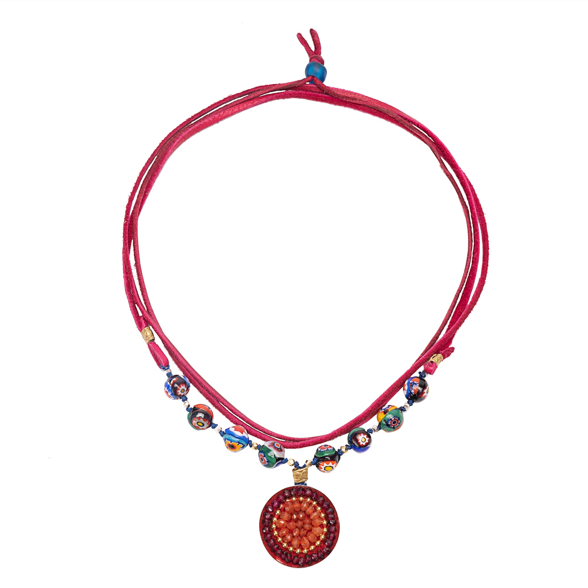 Wanderlust Murano Millefiori glass on leather with garnet and carnelian mosaic pendant (Murano)
