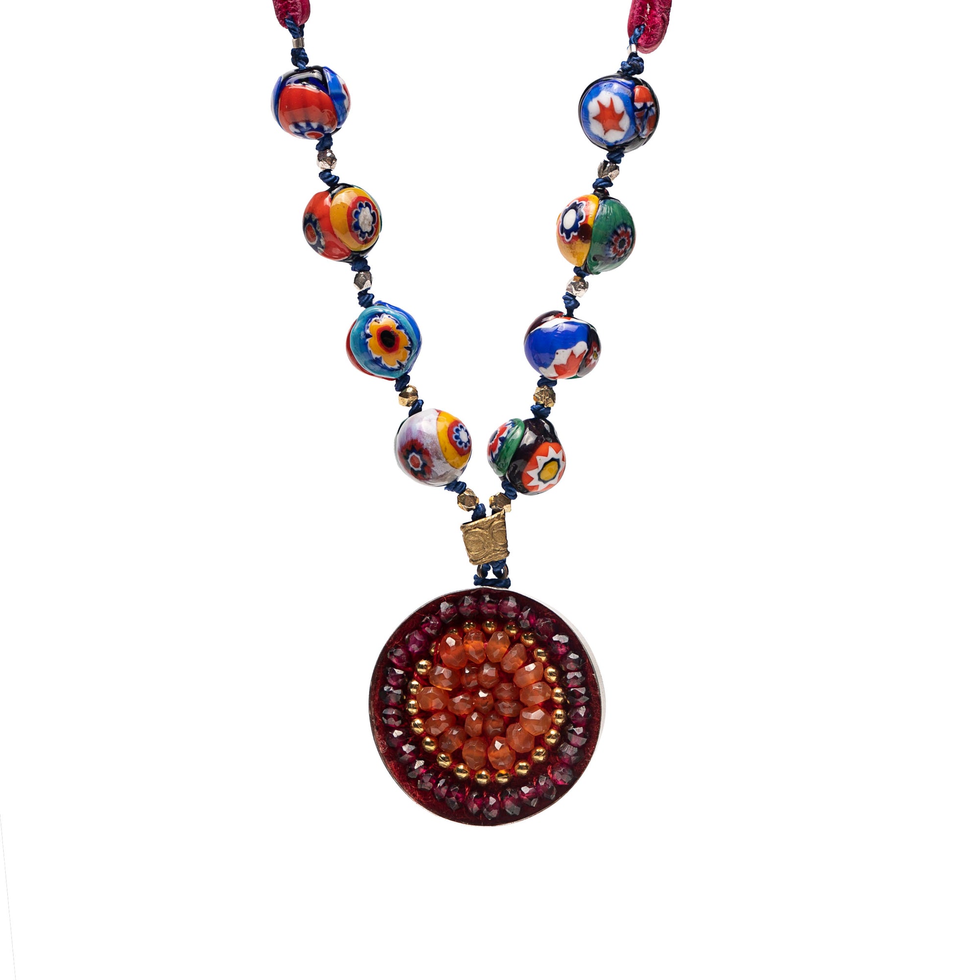 Wanderlust Murano Millefiori glass on leather with garnet and carnelian mosaic pendant (Murano)