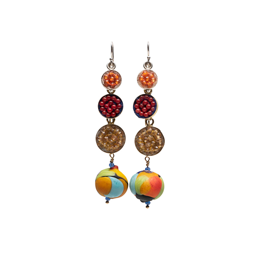 Wanderlust Murano glass earring with yellow sapphire, coral, and carnelian mosaics (Murano)