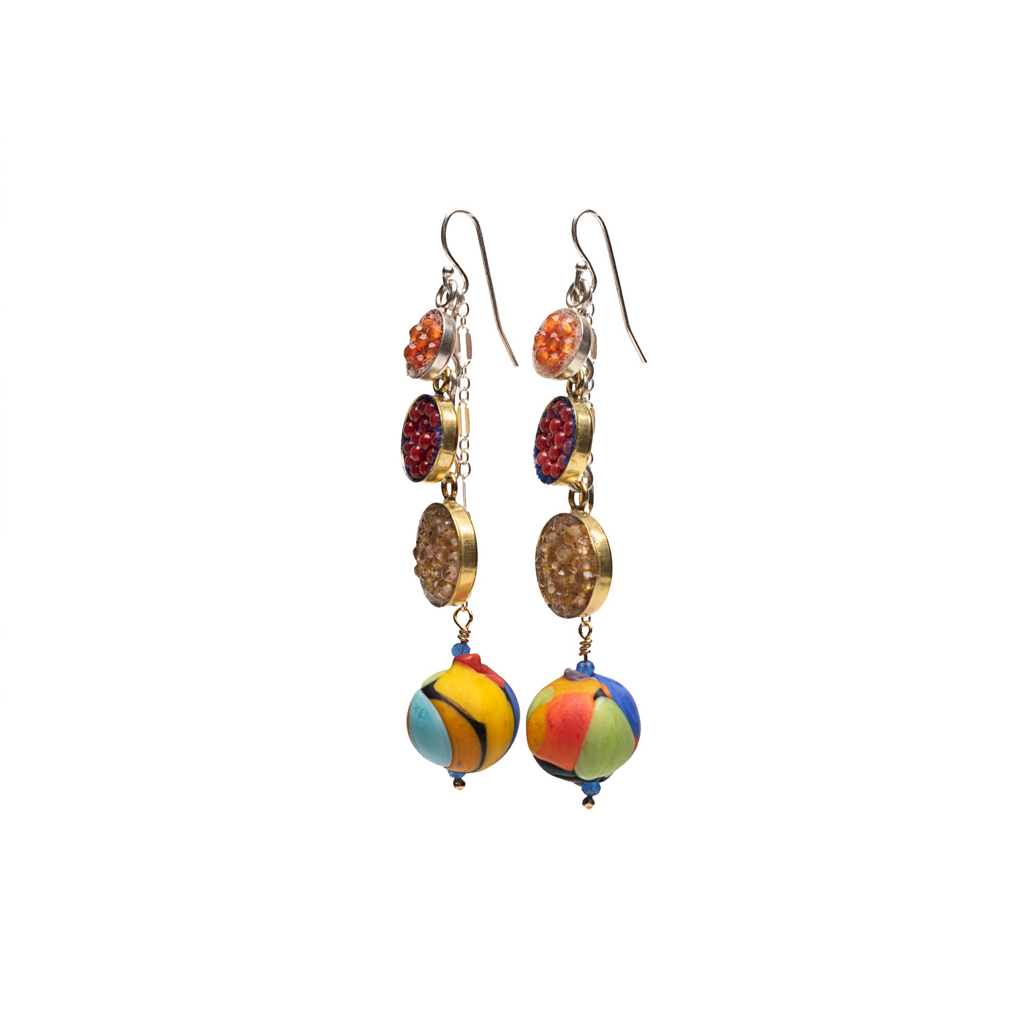 Wanderlust Murano glass earring with yellow sapphire, coral, and carnelian mosaics (Murano)