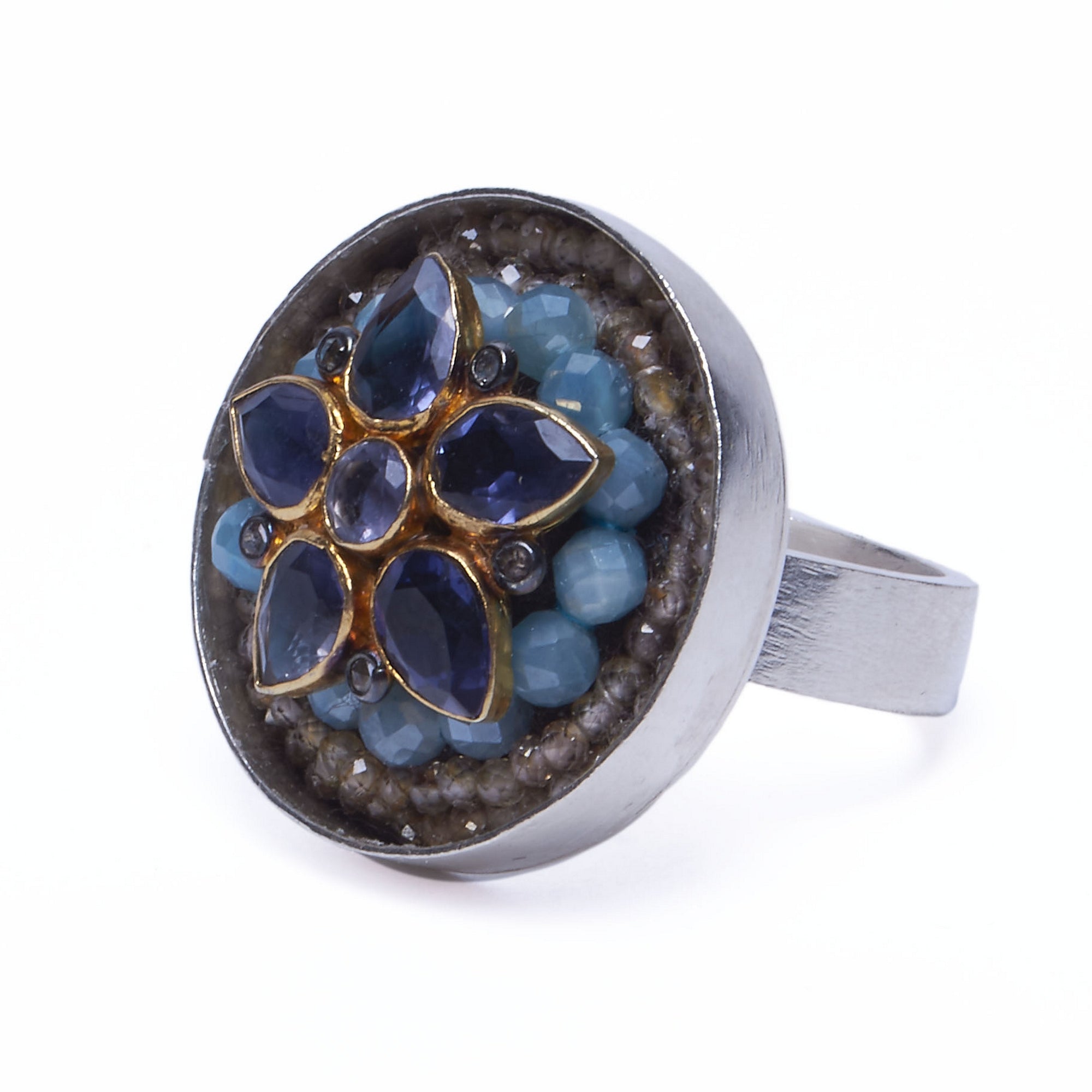 Iolite, Aquamarine and Diamond Mosaic Ring