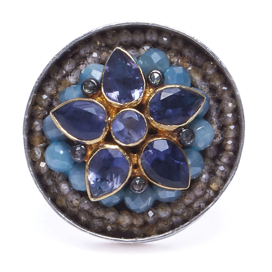 Iolite, Aquamarine and Diamond Mosaic Ring