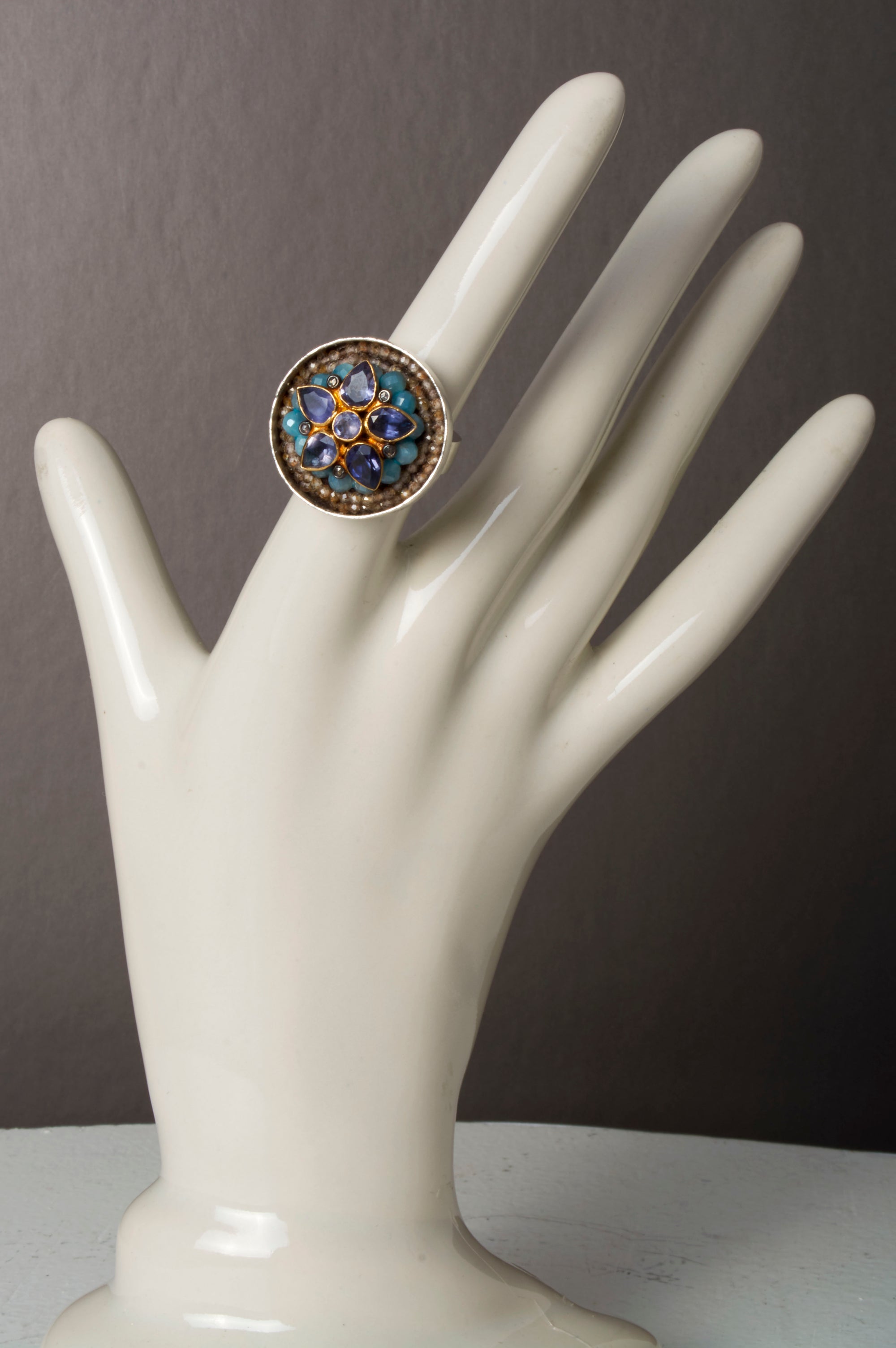 Iolite, Aquamarine and Diamond Mosaic Ring