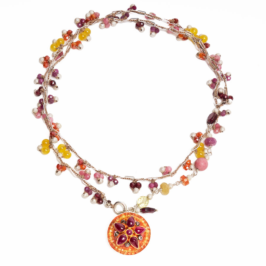 Fire Dancer: Ruby, Diamond, and Sapphire mosaic necklace