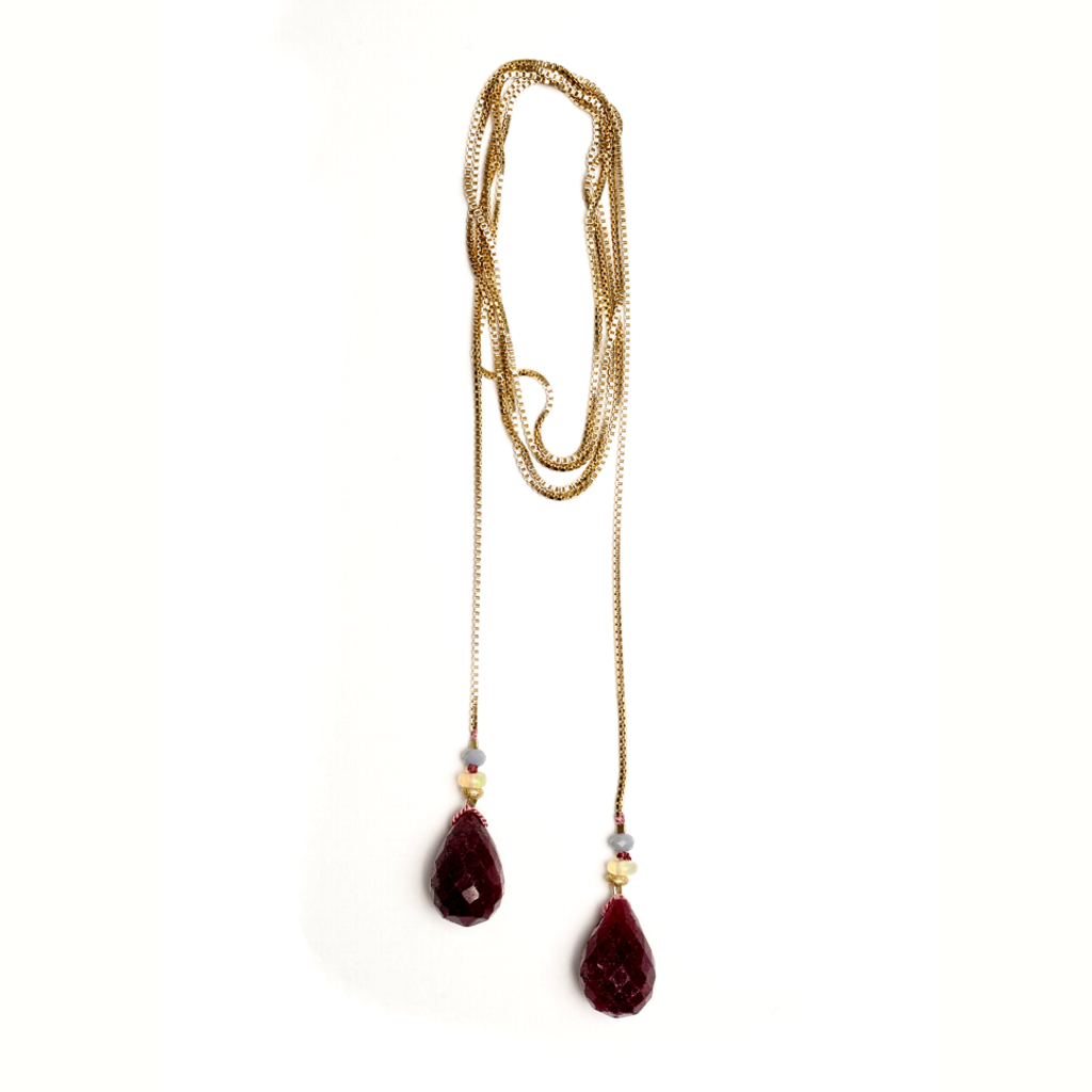 Iconic Ruby Drops with Gold, Opal and Tourmaline Box Chain Necklace, 30"