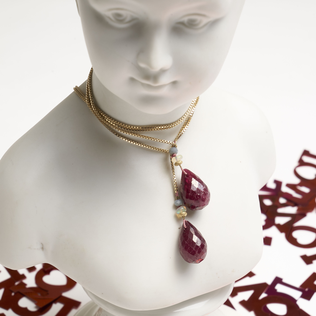 Iconic Ruby Drops with Gold, Opal and Tourmaline Box Chain Necklace, 30"