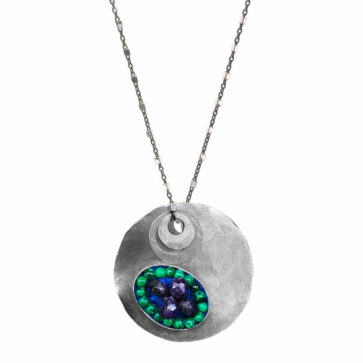 Hand Hammered Silver, sapphire, and malachite necklace